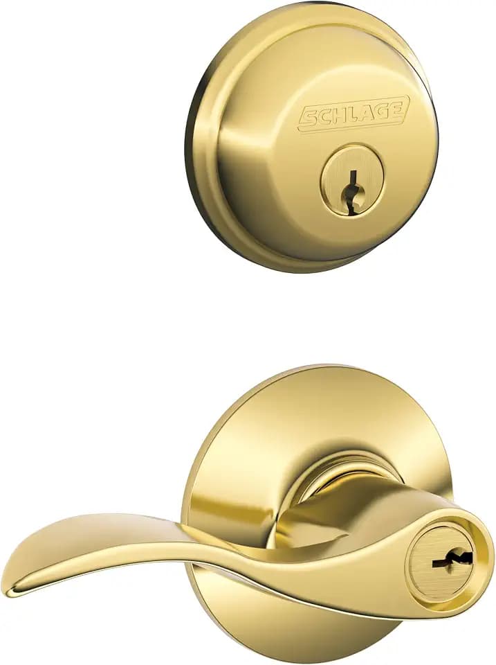 Schlage Deadbolt & Door Handle Set, Accent Lever, Bright Brass