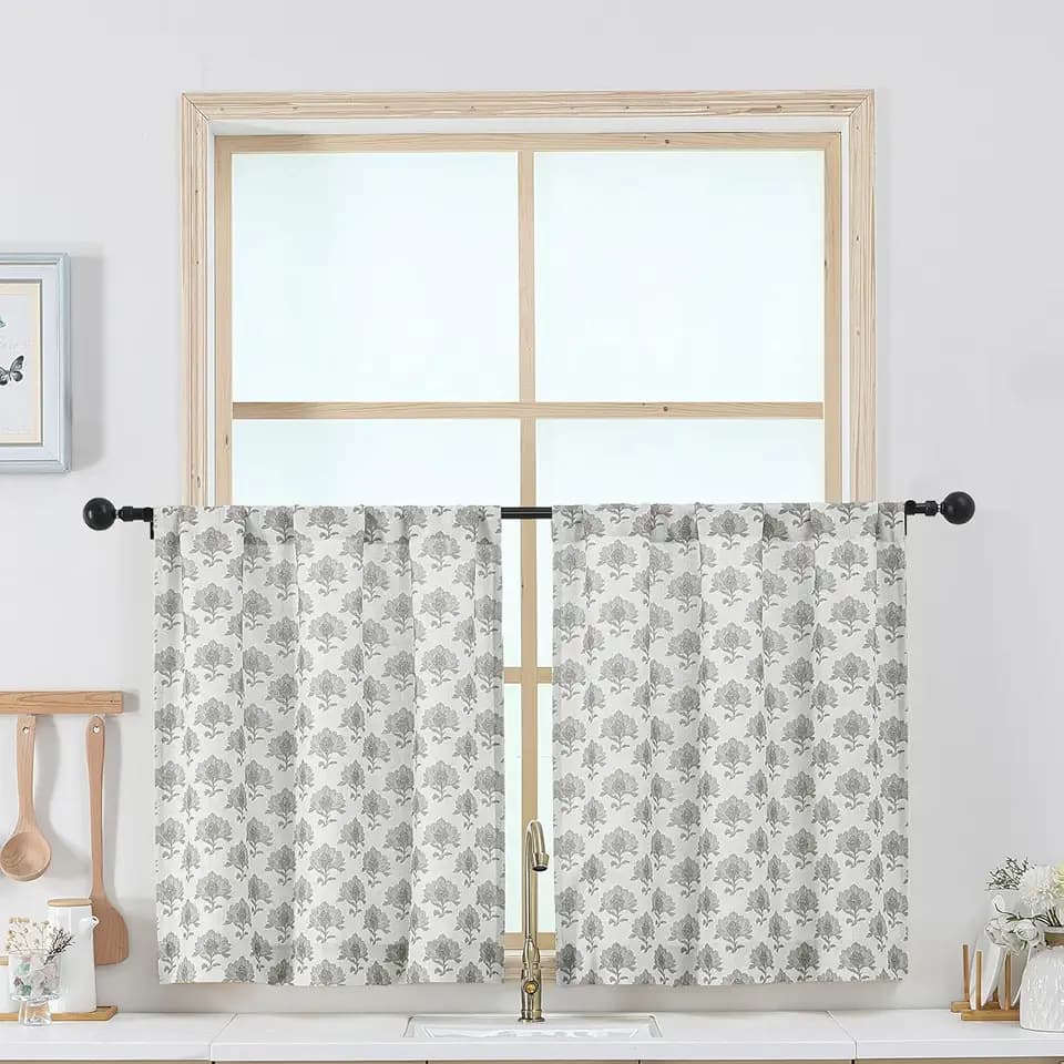 Chyhomenyc Floral Boho Kitchen Curtains 24 Inch Length - Light Filtering Faux Linen Half Window Cafe Curtains, Farmhouse Short Curtain Tiers for Bathroom Laundry RV Camper, 30Wx24L, 2 Pieces, Grey