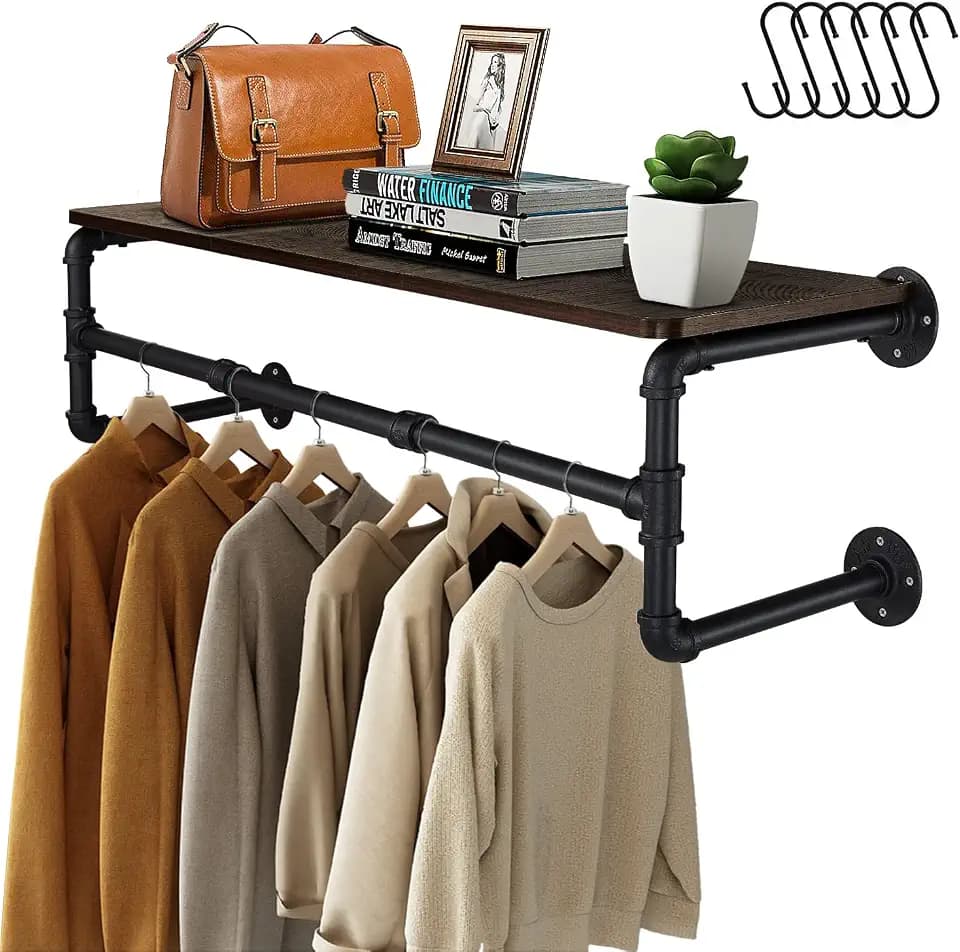 GREENSTELL Clothes Rack Wall Mounted, 41in Shelf with Hanging Rod, Industrial Pipe Clothing Rack for Hanging Clothes, Space-Saving closet shelves, Multi-Purpose Hanging Rod for Bedroom, Laundry Room