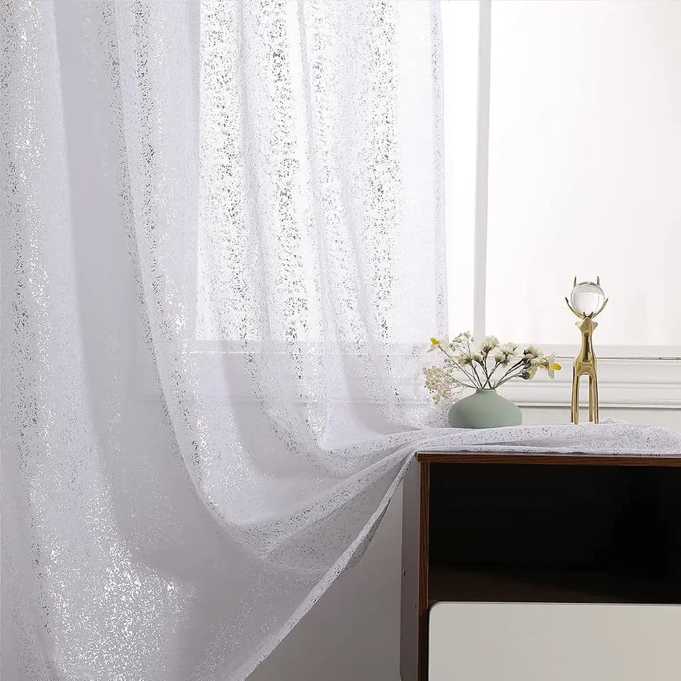 TERLYTEX Sheer Sparkle Curtains for Living Room - Chic Glitter White Sheer Curtains 84 Inch Length, Metallic Silver Foil Shiny Privacy Sheer Window Curtains, 52 x 84 Inch, 2 Panels, Silver White