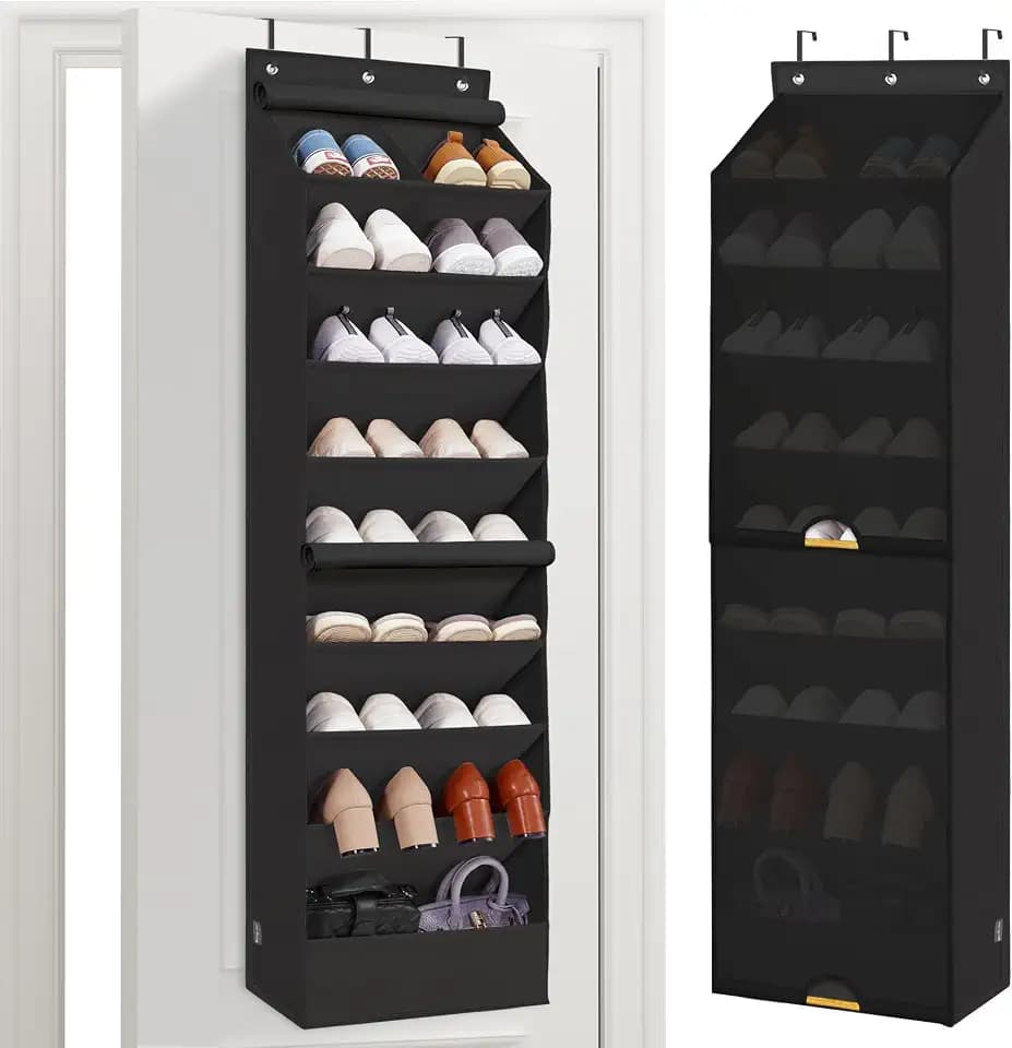 STORAGE MANIAC Over the Door Shoe Organizer with Curtain Dustproof Heavy-Duty Large Deep Pocket Hanging Shoe Organizer for Closet Dorm & Narrow Door Storage Shoe Holder Shoe Rack, 9-Shelf Black 1 Pack