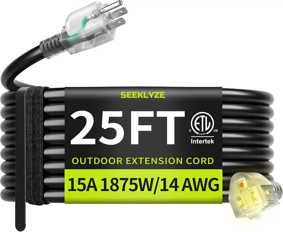 14AWG 25FT Outdoor Extension Cord, Heavy Duty with Lighted End
