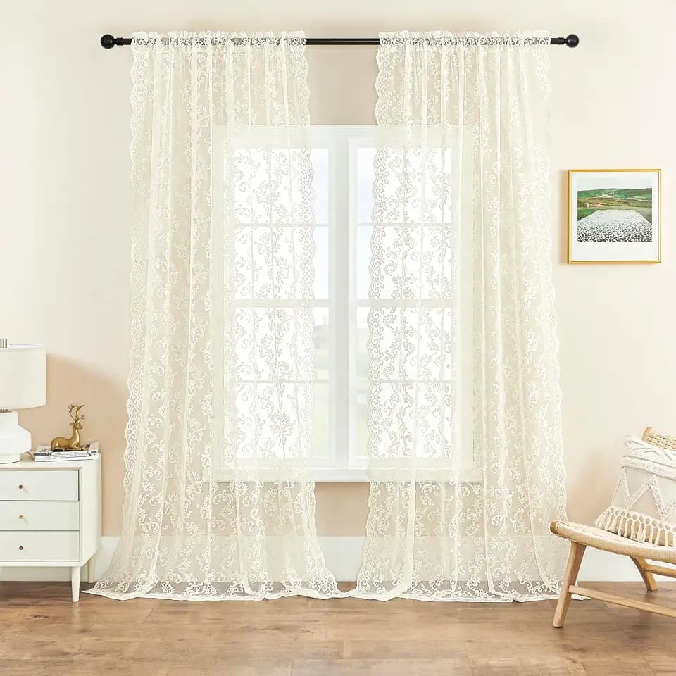 Cream Lace Curtains 108 Inches Long 2 Panels Paisley Floral Curtains for Living Room Bedroom Decor Rod Pocket Light Filtering Ivory Sheer Curtains for Large Window Dining Room Neutral Drapes, 52x108