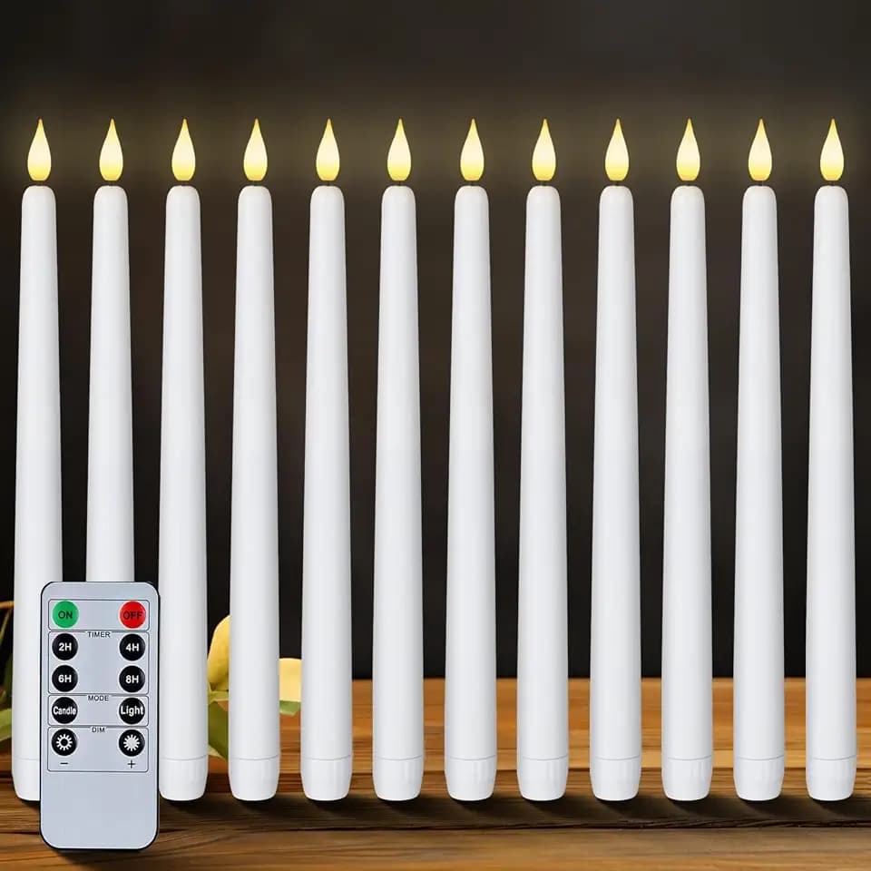 Homemory 12 Pcs Flameless Taper Candles with Remote Timer Dimmer, 11 inches White LED Taper Candles, Plastic Battery Operated Candlesticks with Flickering Flame for Halloween Christmas Wedding Party