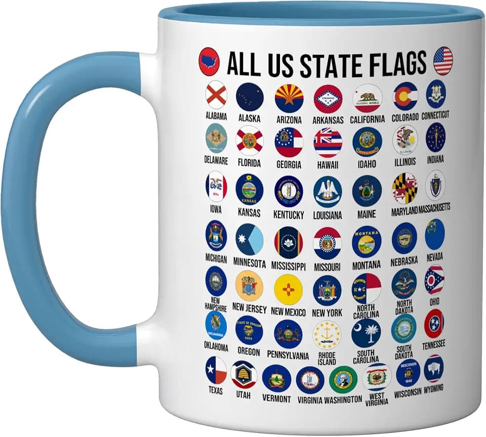 Flags of the U.S. States 50 Flags American Geography Ceramic Mug, Blue/White, 11oz