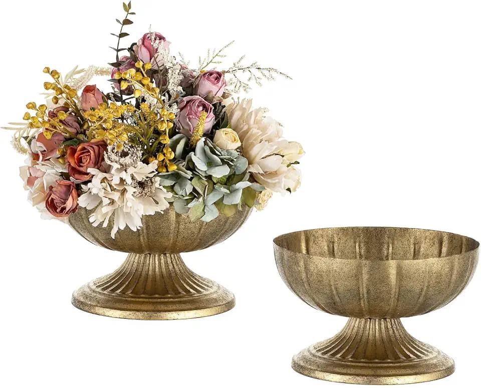 NUPTIO Gold Compote Vase for Centerpiece, 8.5" Wide Opening, 2 Pcs
