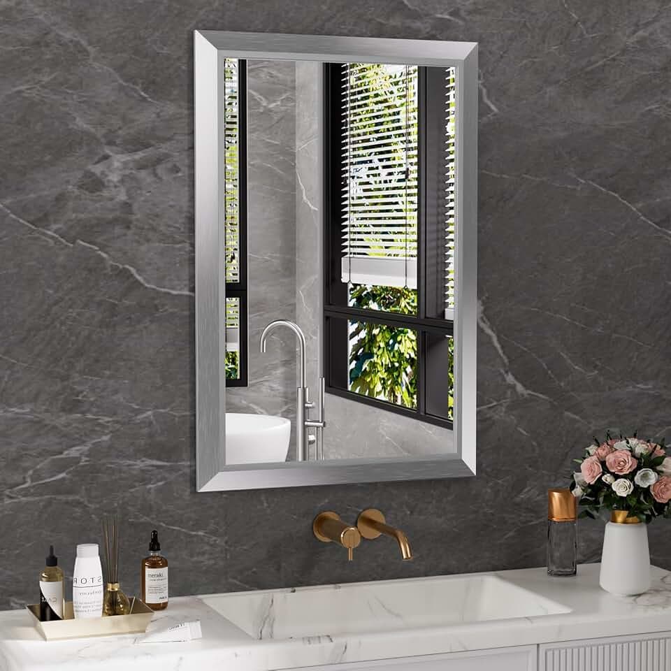 Amorho Bathroom Mirror for Wall 24x36 Inch, Brushed Silver Metal Framed