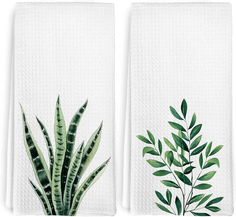 Botanical Fern Kitchen Towels Set of 2, Sage Green Bathroom Decor, Jungle Sage Green Dish Towel, Tropical Plant Fern Decorative Hand Tea Towels for Bathroom Kitchen Decor, 16x24 Inch