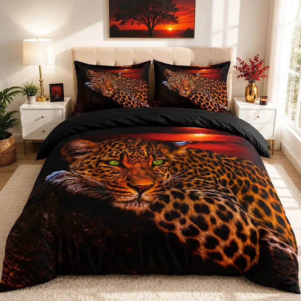 Cheetah Print Bedding Leopard Quilt Cover Sets Brown Linens Bed Pillow Shams Queen Size Animal Home Textile (Queen, 002)