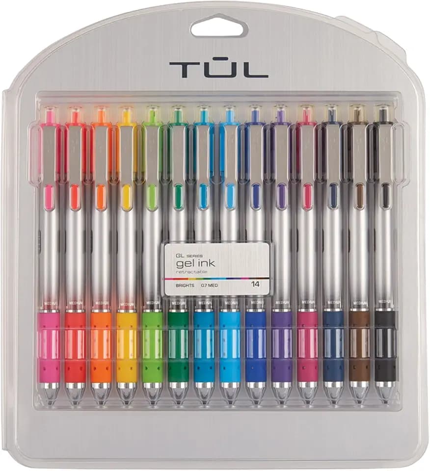 TUL® GL Series Retractable Gel Pens, Medium Point, 0.7 mm, Silver Barrel, Assorted Standard & Bright Ink Colors, Pack Of 14 Pen