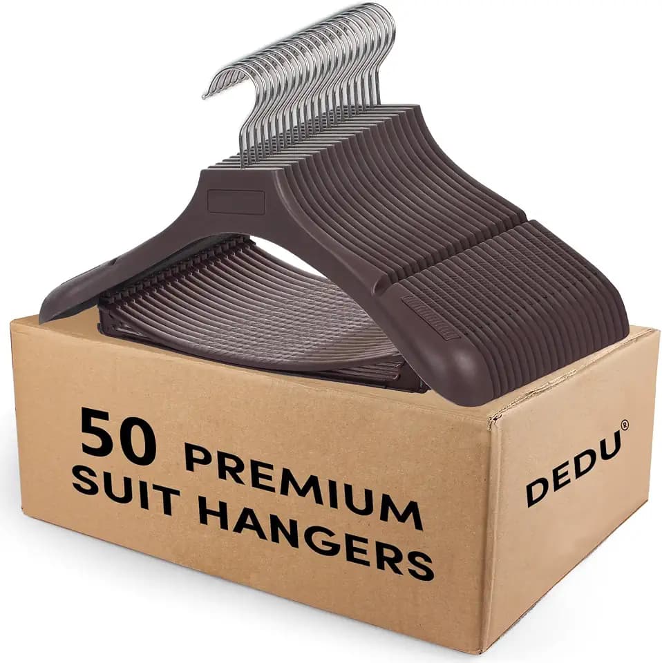 Suit Hangers for Men 50 Pack, Brown Coat Hangers Extra Wide Non Slip Width 17.7", Thick Plastic with Pants Bar & Metal Hook