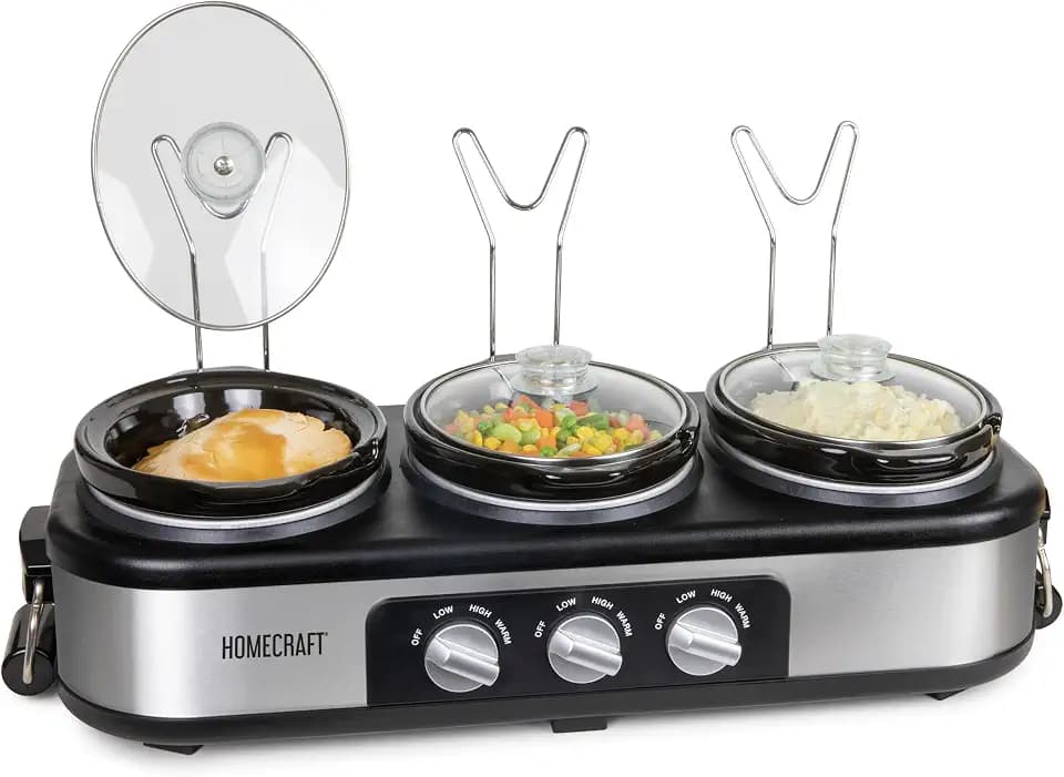HomeCraft HCTSC15SS Stainless Steel 3-Station 1.5-Quart Oval Slow Cooker Buffet, with Lid & Spoon Rest, Adjustable Heat Control, Perfect for Parties, Holidays, Families
