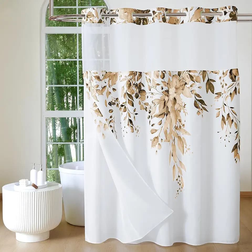 QiyI No Hook Shower Curtain with Snap in Fabric Liner, Brown, 72 x 75