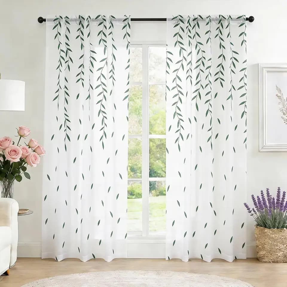SpaceDresser Sheer Curtains 63 Inches Long, 2 Panels Embroidered Wicker Patterned Sheer Curtain, Rod Pocket Spring Voile Drapes for Living Room, Bedroom(W52 x L63 Inch, Green)