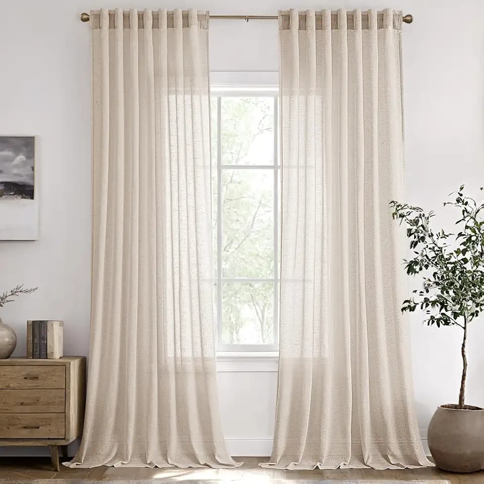 Beige Semi Sheer Linen Curtains 84 Inch Long 2 Panels for Living Room
