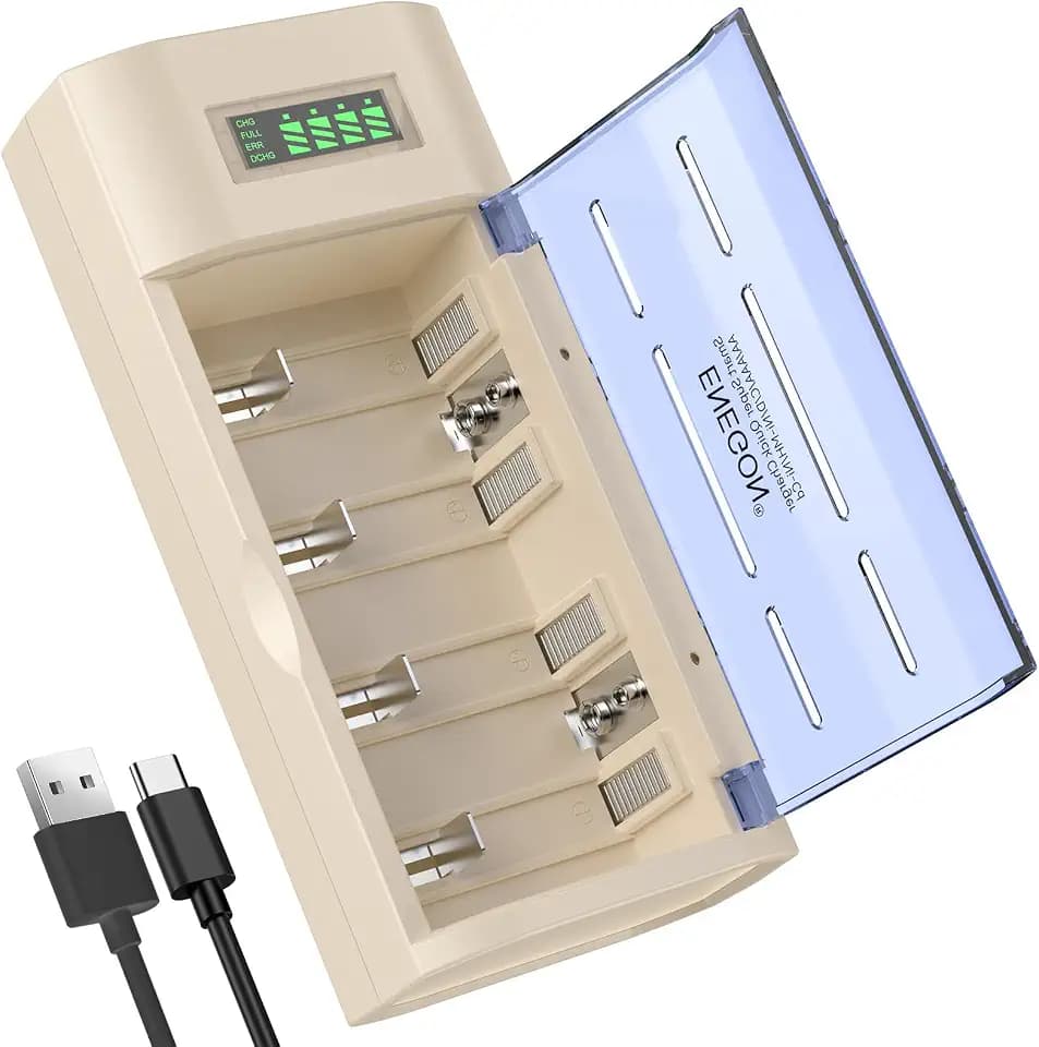 ENEGON Batterie Ladegerät–Universal Akku Ladegerät & Battery Charger für AA/AAA/C/D/9V NiMH/NiCD wiederaufladbare Batterien –mit LCD Display, Entladefunktion und 4 Ladeschächten(Kein Adapter)