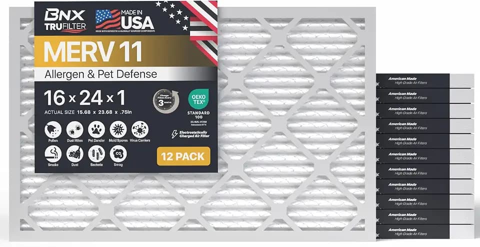 BNX TruFilter 16x24x1 Air Filter MERV 11 (12-Pack) - MADE IN USA - Allergen Defense Electrostatic Pleated Air Conditioner HVAC AC Furnace Filters for Allergies, Dust, Smoke, Allergy MPR 1200 FPR 7