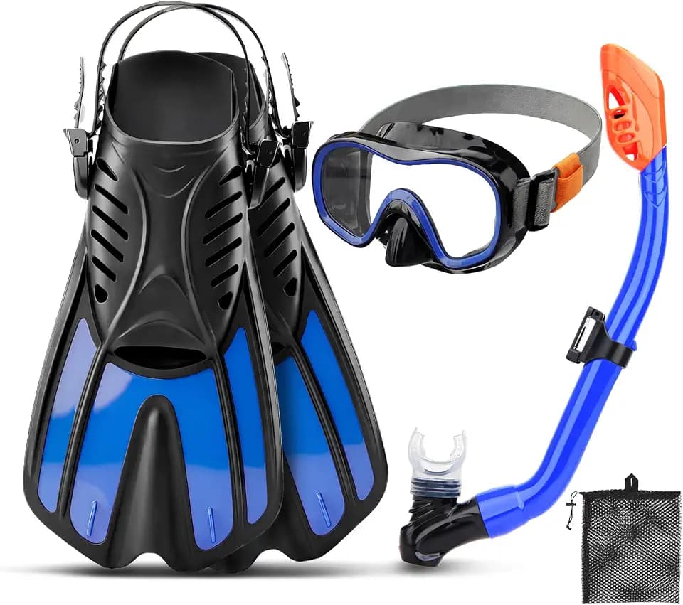 Snorkeling Gear for Kids, Fabric Band 4 in 1 Mask Fins Snorkel Set