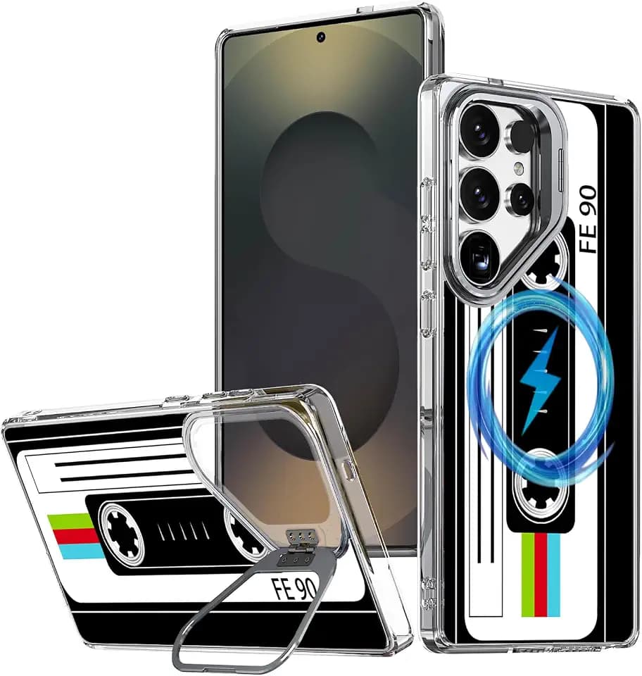 Ecute Strong Magnetic Slim Drop Protective Case with Camera Ring Kickstand for Samsung Galaxy S25 Ultra - New Retro Cassette Tape