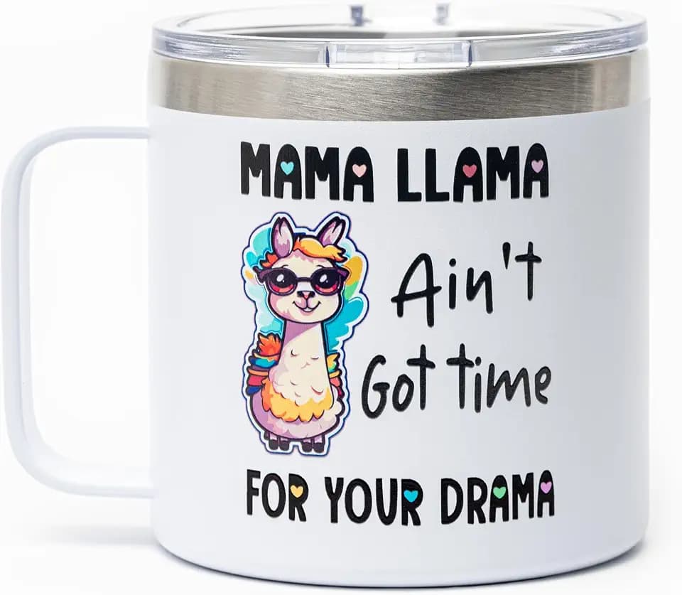 Funny Animal Tumbler Mug, 14oz Momma Llama Double Insulated 304 Stainless Steel Travel Cup, Leak-Proof Slider Lid, Metal Straw and Brush, Artwork on Both Sides, Ideal Mom Girl Woman Llama Lover Gift