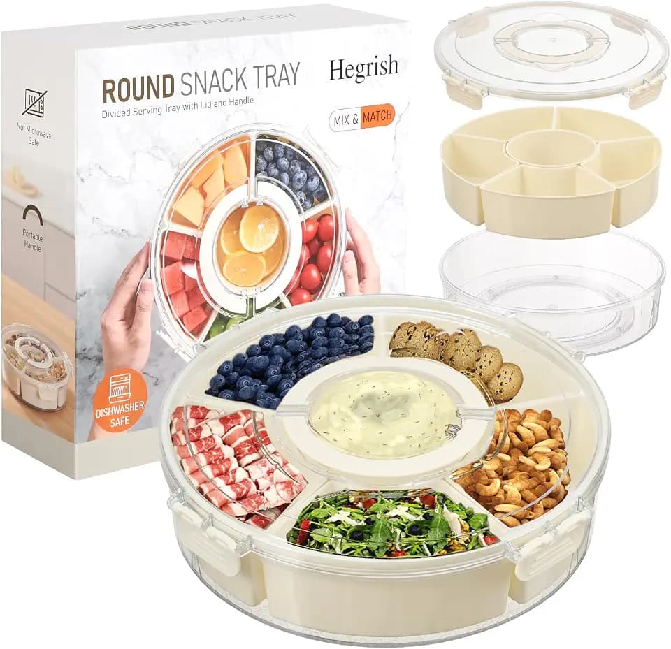 Dishwasher Safety -Divided Rotating Serving Tray with Lid and Handle,Portable Snackle Box for Fruits Snacks Charcuterie,Clear Organizer and Fridge Storage Container,Veggie Platters for Adults Child