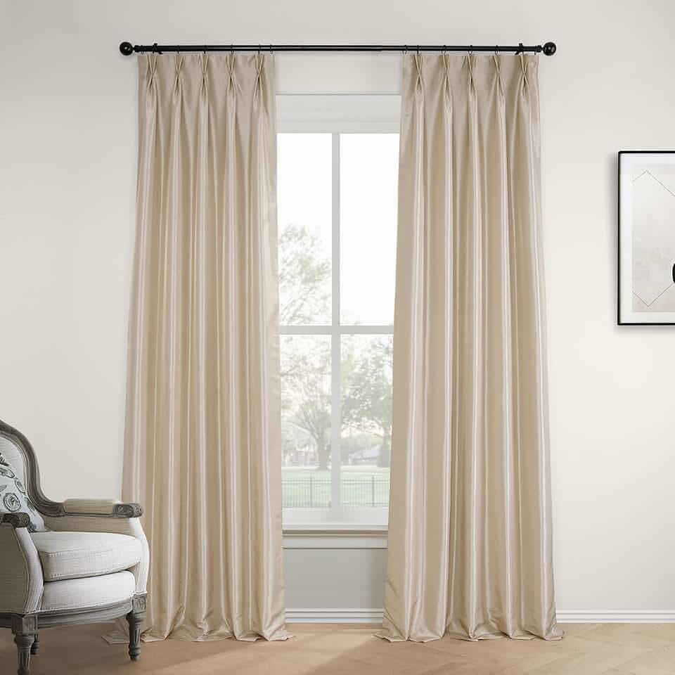 HPD Half Price Drapes Faux Silk Taffeta Blackout Curtains for Bedroom 84 Inches Long (1 Panel), 25W x 84L Pleated Curtains for Living Room Home Decor, Antique Beige
