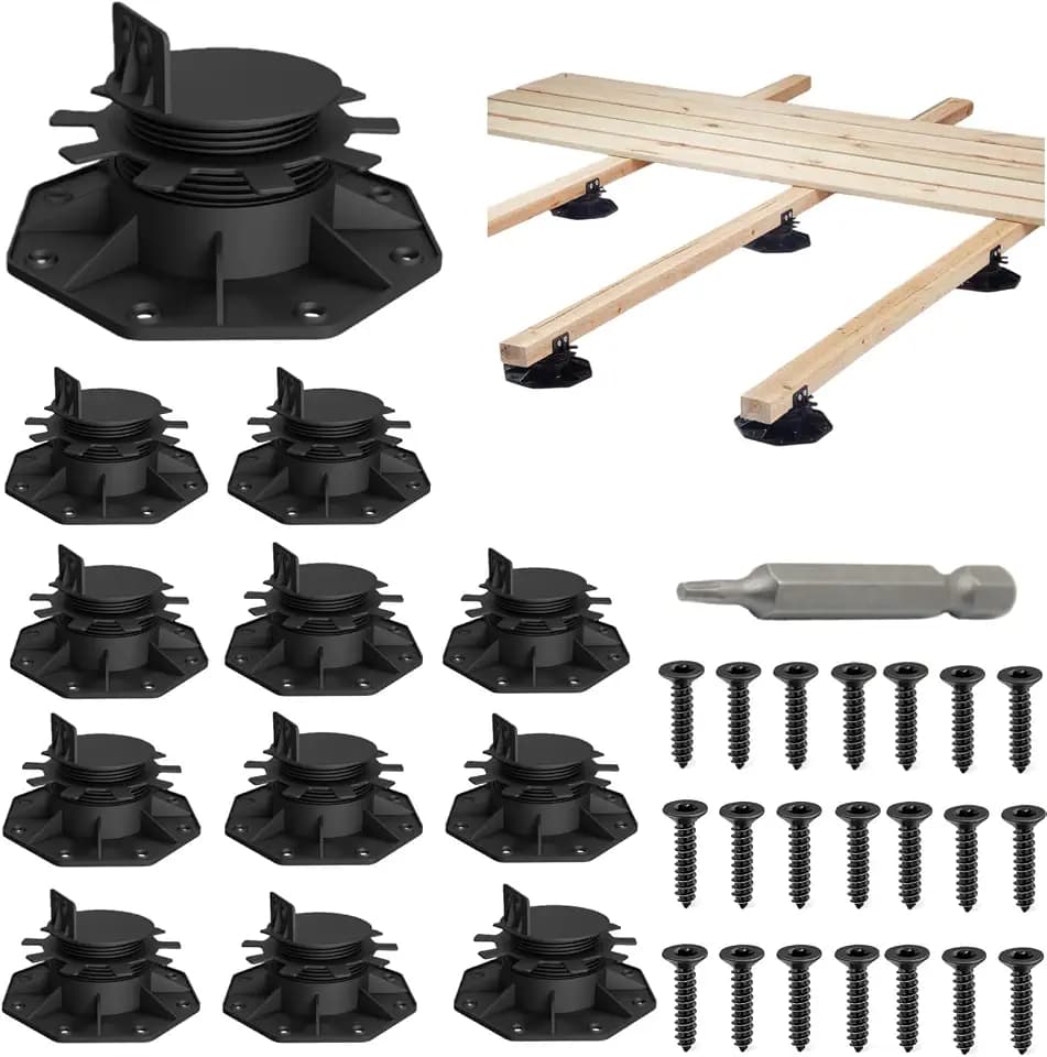 Deckit 12-Pack Adjustable Deck Support Pedestals, 1.18"–2.36" (30–60 mm), for 2×4 & 2×6 Joist Framing, Ground Support & Leveling for Patio, Shed Base & Floating Deck Includes Screws
