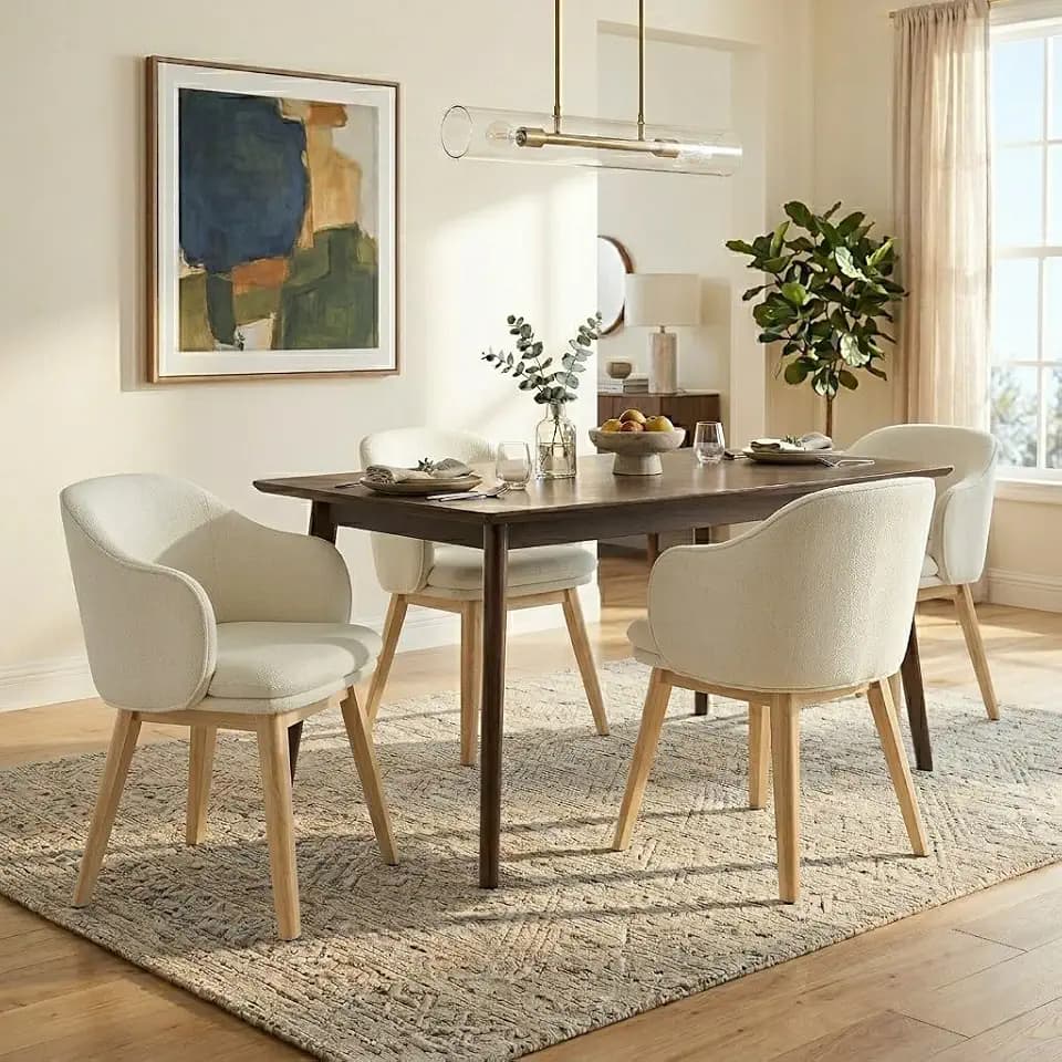 KISLOT Wooden Dining Chairs Set of 4, Fabric Upholstered Modern Dining Room Chairs with Barrel Backrest & Double-Layer Thick Cushion for Living Room, Restaurant, Kitchen and Café, Light Beige, 2 Boxs
