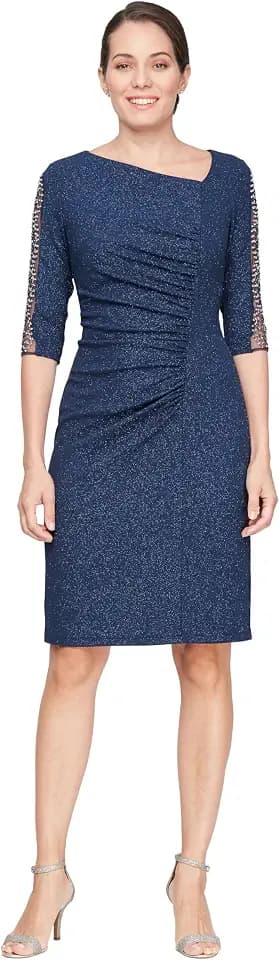 S.L. Fashions Women's L-Neckline Midi Sheath Cocktail Dress with Beaded Illusion Sleeve (Petite and Regular Sizes)