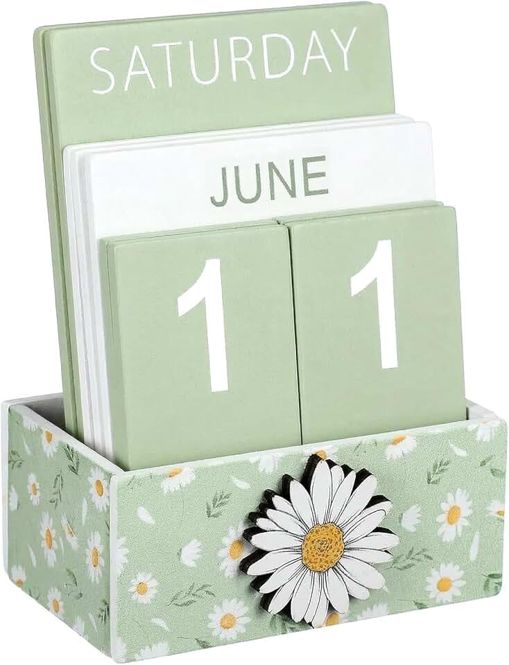 Green Daisy Flower Wood Block Perpetual Calendar Coquette Desk Decor
