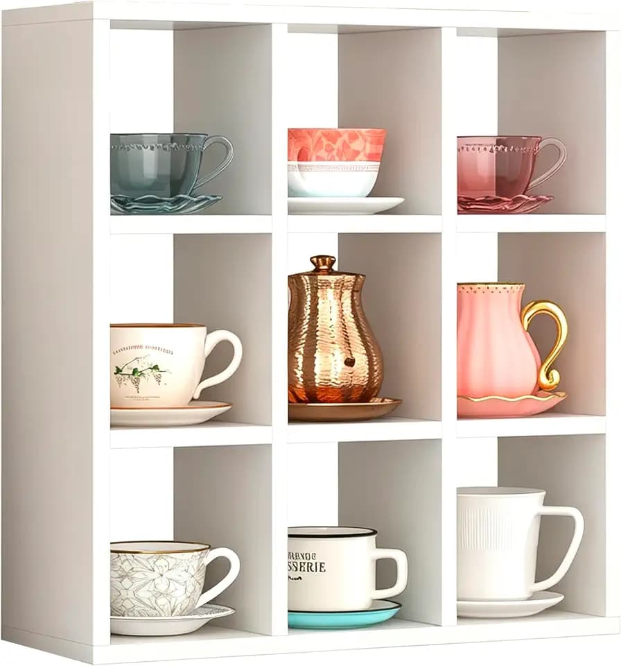 Helsin 9 Grid Vintage Coffee Mug Display Rack, 16inch Wall Mounted Wooden Curio Shadow Box Shelf, Cup Floating Shelves Display and Organizer (White)