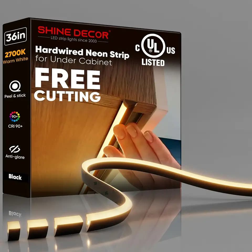 Shine Decor Under Cabinet Lighting Strip, Free Cuttable LED Silicone Neon Rope Hardwired 24V Anti-Glare Bright Cozy 684 Lumen for Indoor, Adhesive Black Shell 2700K Warm 36” UL Certified, No Adapter