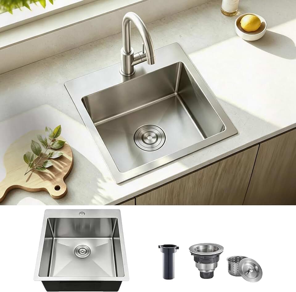 Comllen 15 x 15 inch Drop in Bar Sink, 18 Gauge Stainless Steel, 9 inch Deep, Brushed Nickel, Single Basin Small 15 Kitchen Sink for Outdoor Wet Bar Prep RV Yard Office Laundry Utility with Drainer
