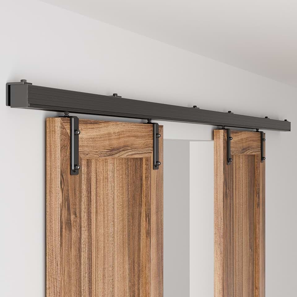 10FT/120" Box Rail Sliding Barn Door Hardware,Wall Mount Box Track Exterior Kit for Double Door,Black Heavy Duty(No Door)
