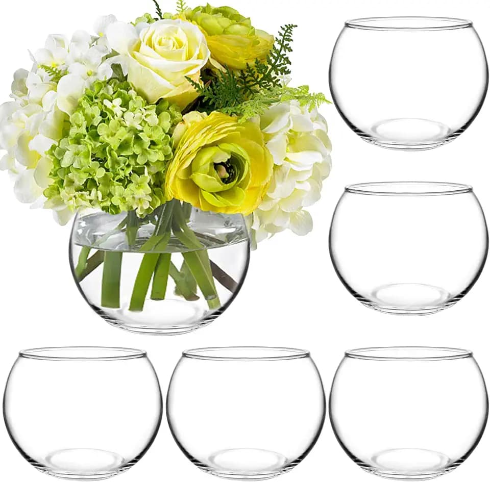 PINIWON 6 Pack 4.7” W x 3.5” H Clear Round Glass Vases, Bubble Bowl Vase