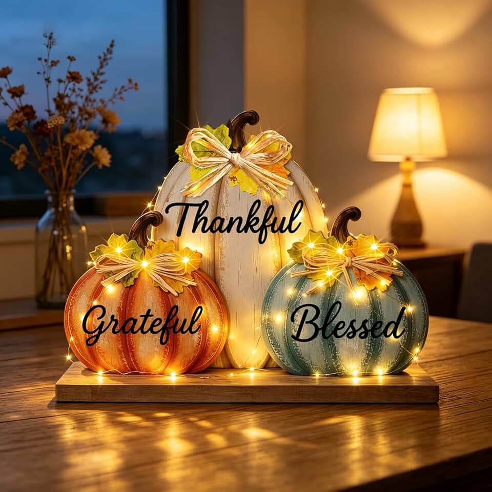 Fall Pumpkin Decor with LED Lights, Wooden Thanksgiving Table Sign "Blessed Grateful Thankful", Rustic Harvest Home Decoration for Living Room Mantle Office Desk Bedroom (Pumpkin)