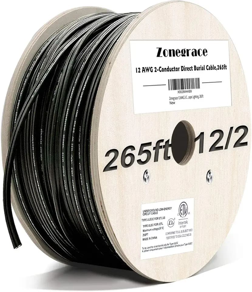 Zonegrace 12AWG 2-Conductor 12/2 Direct Burial Wire for Low Voltage Landscape Lighting, 265ft