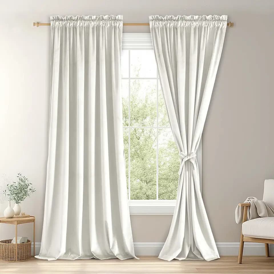JIUZHEN Ivory Velvet Blackout Curtains 42W x 90L 2 Panels with Tiebacks