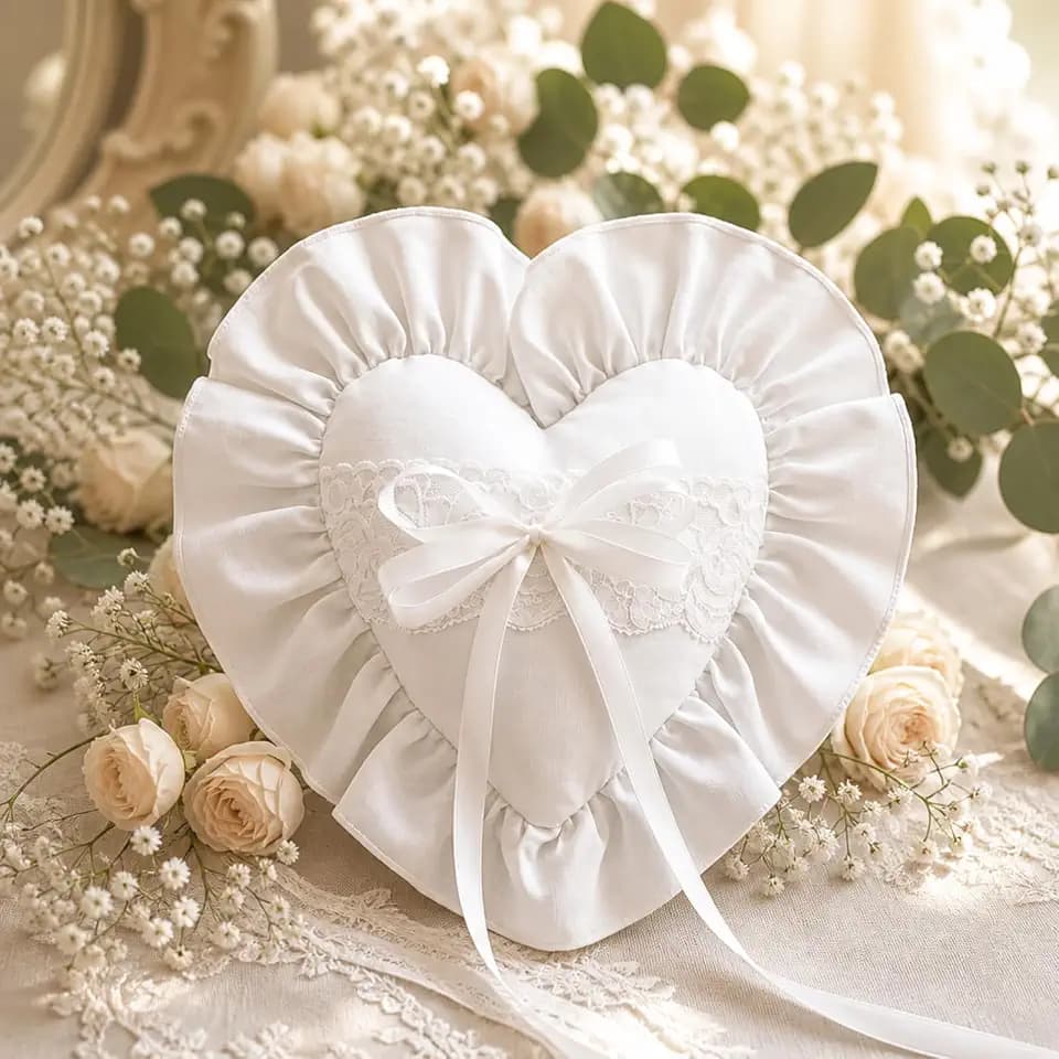 Wedding Ring Pillow 7.87'' Heart Ivory Ring Bearer Pillow with Ruffles