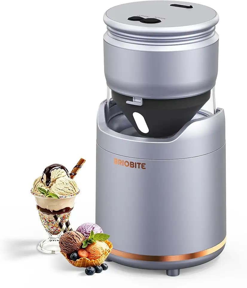 BRIOBITE Ice Cream Maker Machine,Quiet,Rechargeable,1–2 Servings,Silver