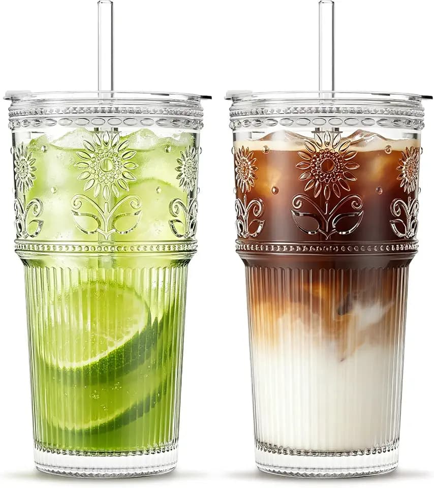 INSETLAN 20 oz Iced Coffee Cups with Lids and Straw, Set of 2 Glass Tumbler
