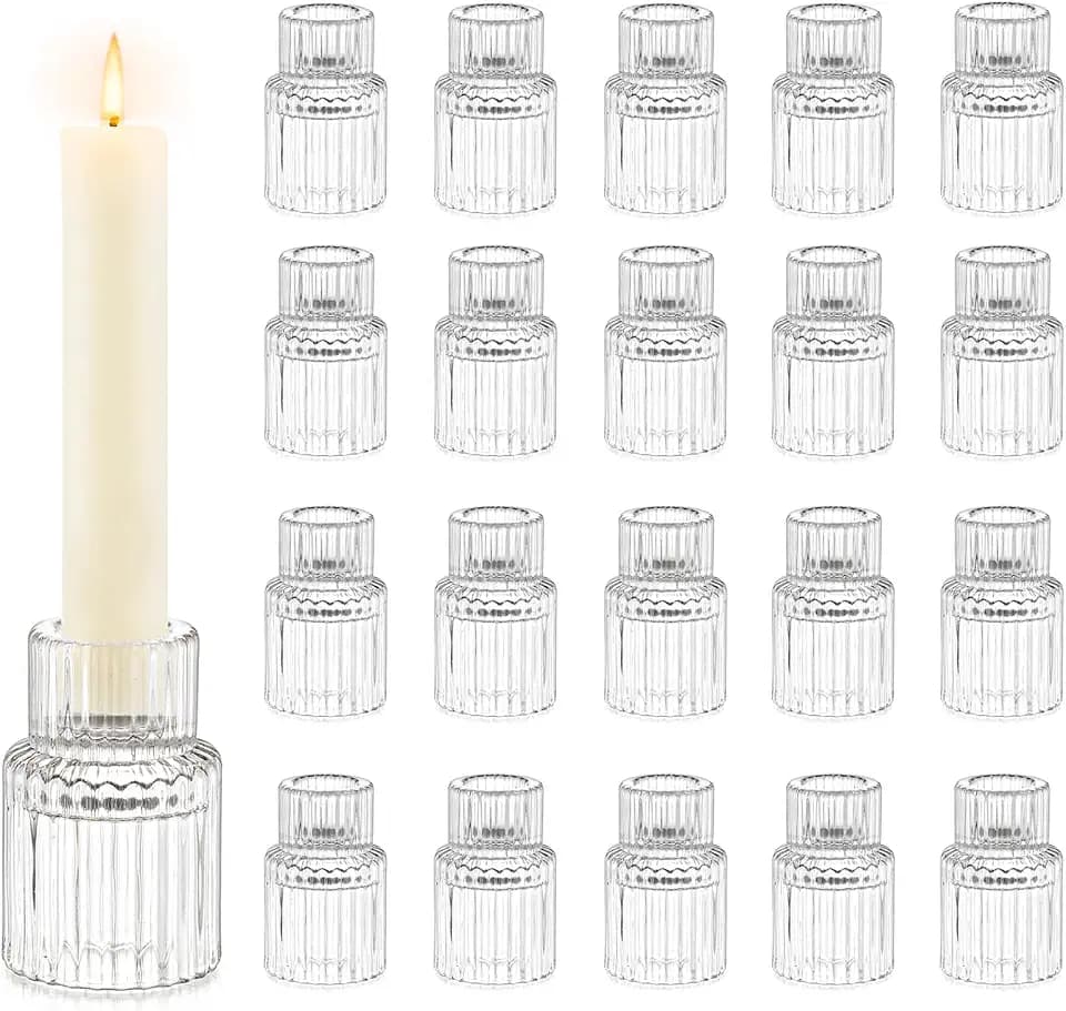 Hewory Taper Candle Holders Bulk, 20PCS Clear Glass Candlestick Holders