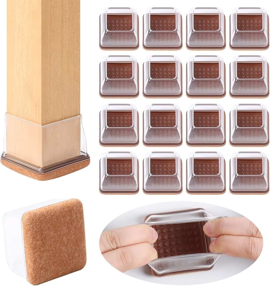 Ezprotekt 24 Pcs 2inch Square Clear Chair Leg Floor Protectors, Silicone Felt Furniture Pads Caps for Hardwood Floor, Dining Table Bar Stool Leg Protectors Leg Cups Covers (Fit: 1.38''-1.77")