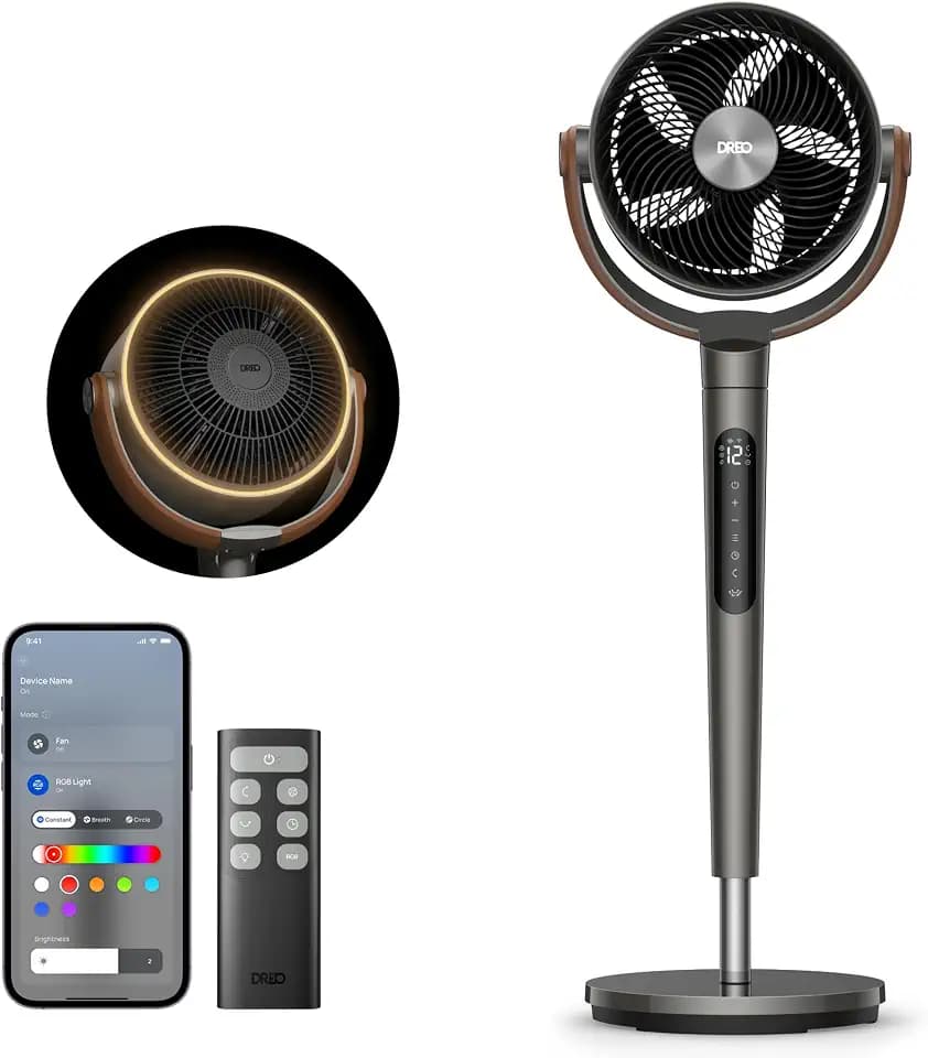 DREO Smart Fan for Bedroom with RGB Light, 150°+120° Omni-directional Oscillating, Quiet Fan, 100ft Air Circulator Pedestal Fan, 12 Speeds, 6 Modes, 37-42'' Height, Wi-Fi/Voice/Alexa, grey