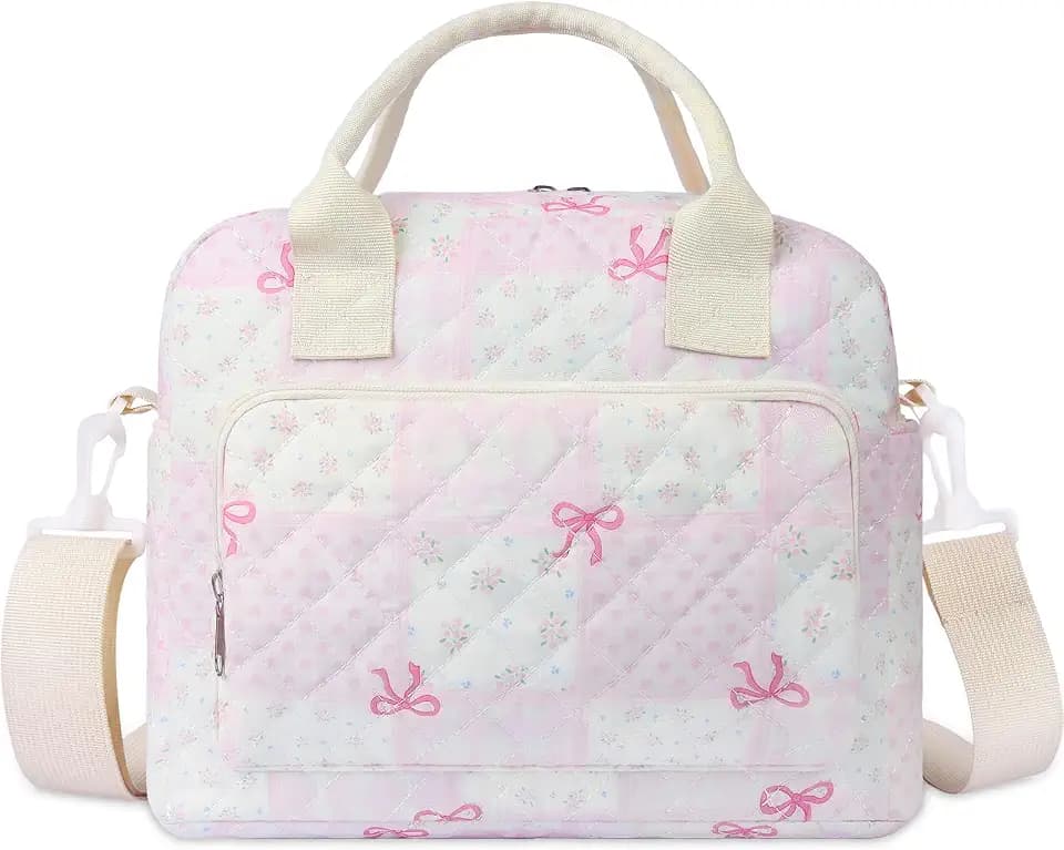 Quilted Lunch Box for Women, Large Insulated Lunch Bag for Adult,Elegant Pink Bow Cute Portable Tote Bags for Work Travel Beach Picnic (Pink Bow Grid Pattern, M)