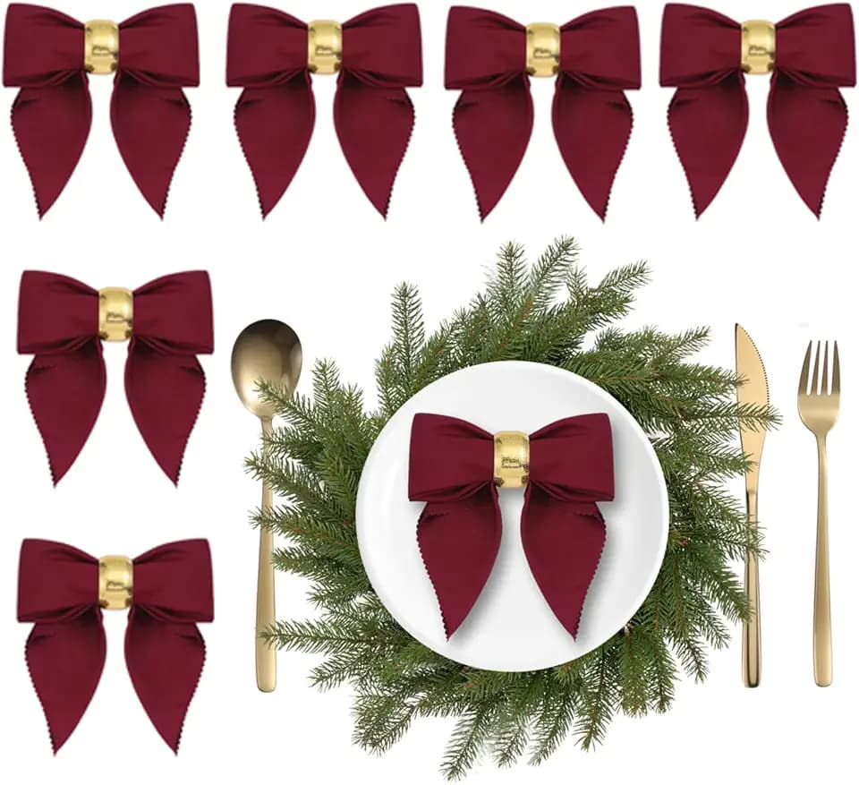 Jingmore 12 Pcs Christmas Napkins and Ring Set, 6 Bow Shape Napkins Cloth, 6 Gold Metal Dinner Tables Rings Holders for Christmas Winter Holiday Dinner Party Table Decoration(Burgundy)