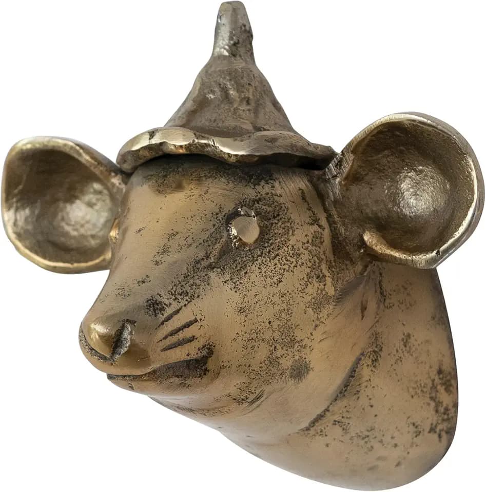 Creative Co-Op Cast Aluminum Mouse Head with Hat Wall Décor, Antique Brass Finish