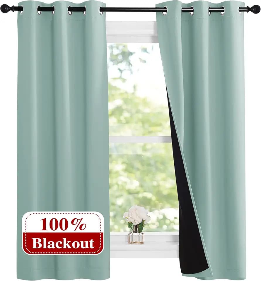NICETOWN Aqua Blue 100% Blackout Lined Curtains, 2 Thick Layers Narrow Wide Window Treatment Panels Thermal Insulated Drapes for Kitchen Small Window (1 Pair, 37" Width x 63" Length Each Panel)
