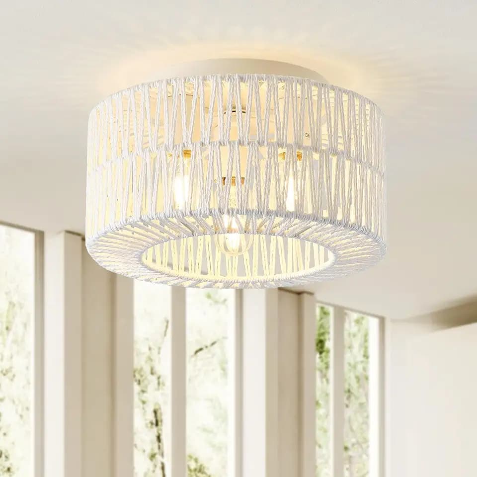 12.6" Rattan Flush Mount Ceiling Light Fixtures, 3-Light Boho Light Fixture Rattan Hand-Woven Chandelier Close to Ceiling Light Fixture for Bedroom Hallway Kitchen Dining Room Nursery(White)