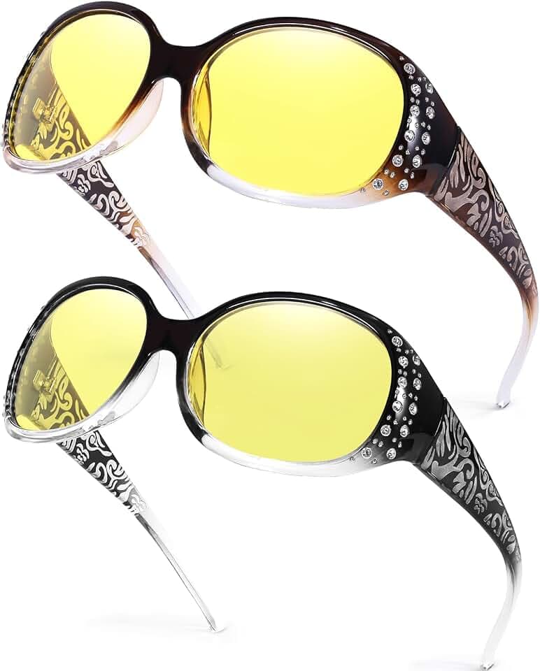 HASFOX 2 Pack Women's Night Vision Glasses for Driving - Polarized Yellow Lens Reduce Headlights Glare UV Protection H8161